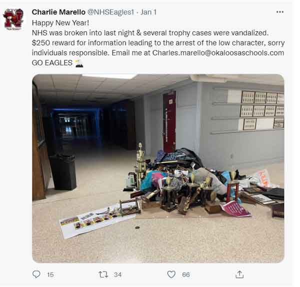 niceville high school damaged trophy cases tweet by Charlie Marello