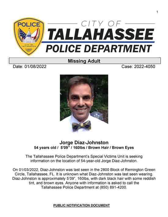 jorge diaz-johnston missing person notice by Tallahassee police