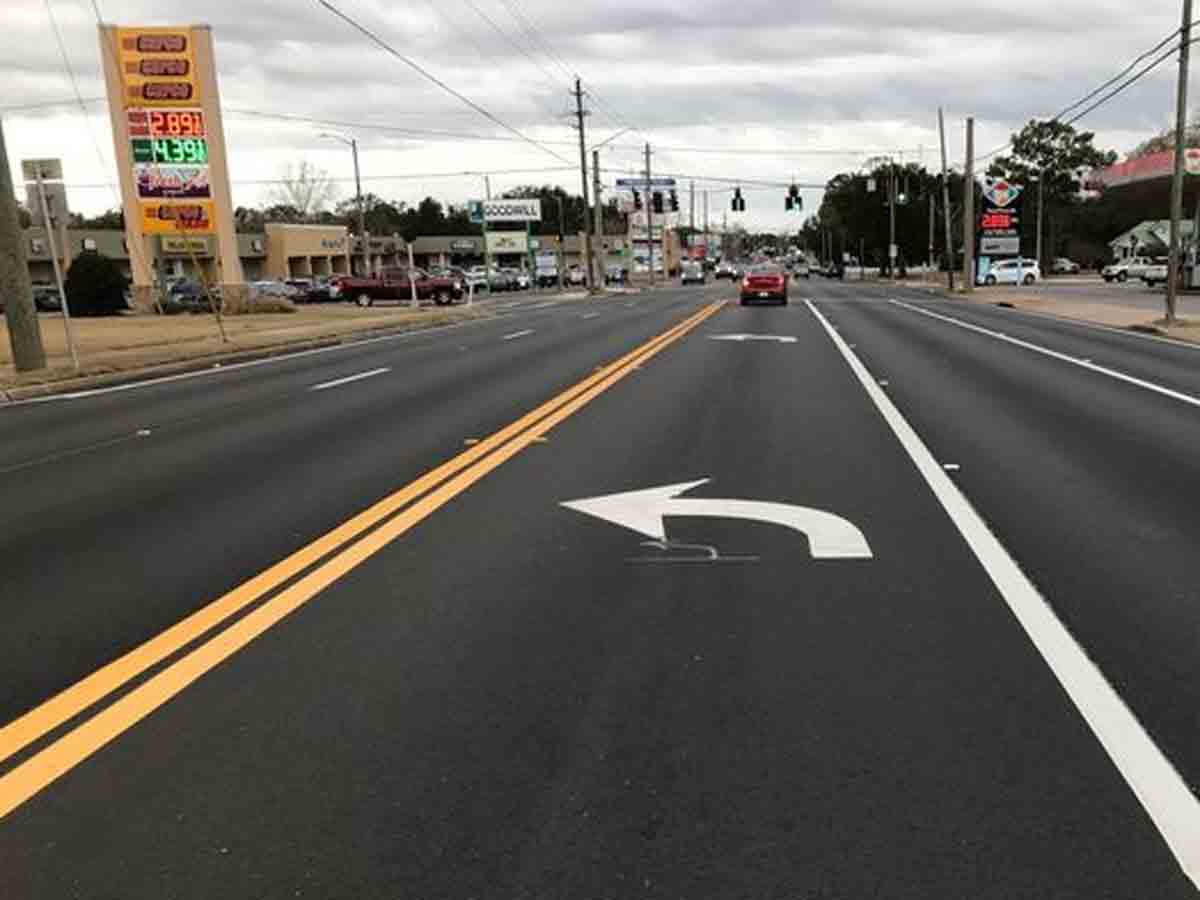 Thermoplastic striping on State Road 85 in Crestview, Florida