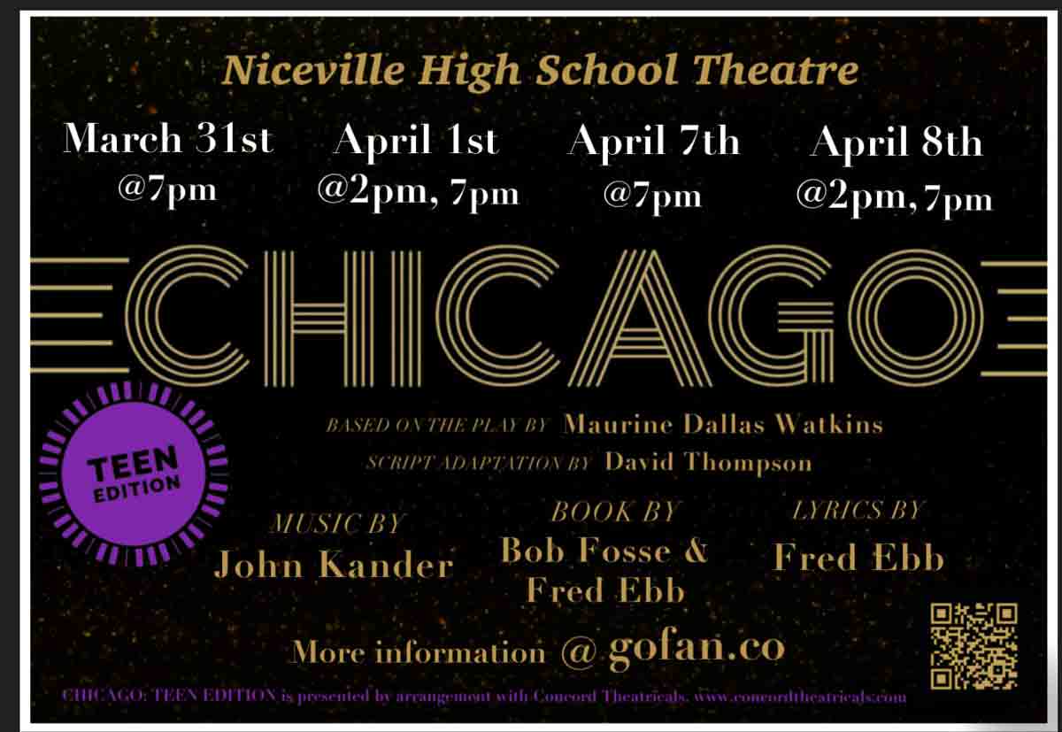 Poster with details about Chicago: Teen Edition at Niceville High School.