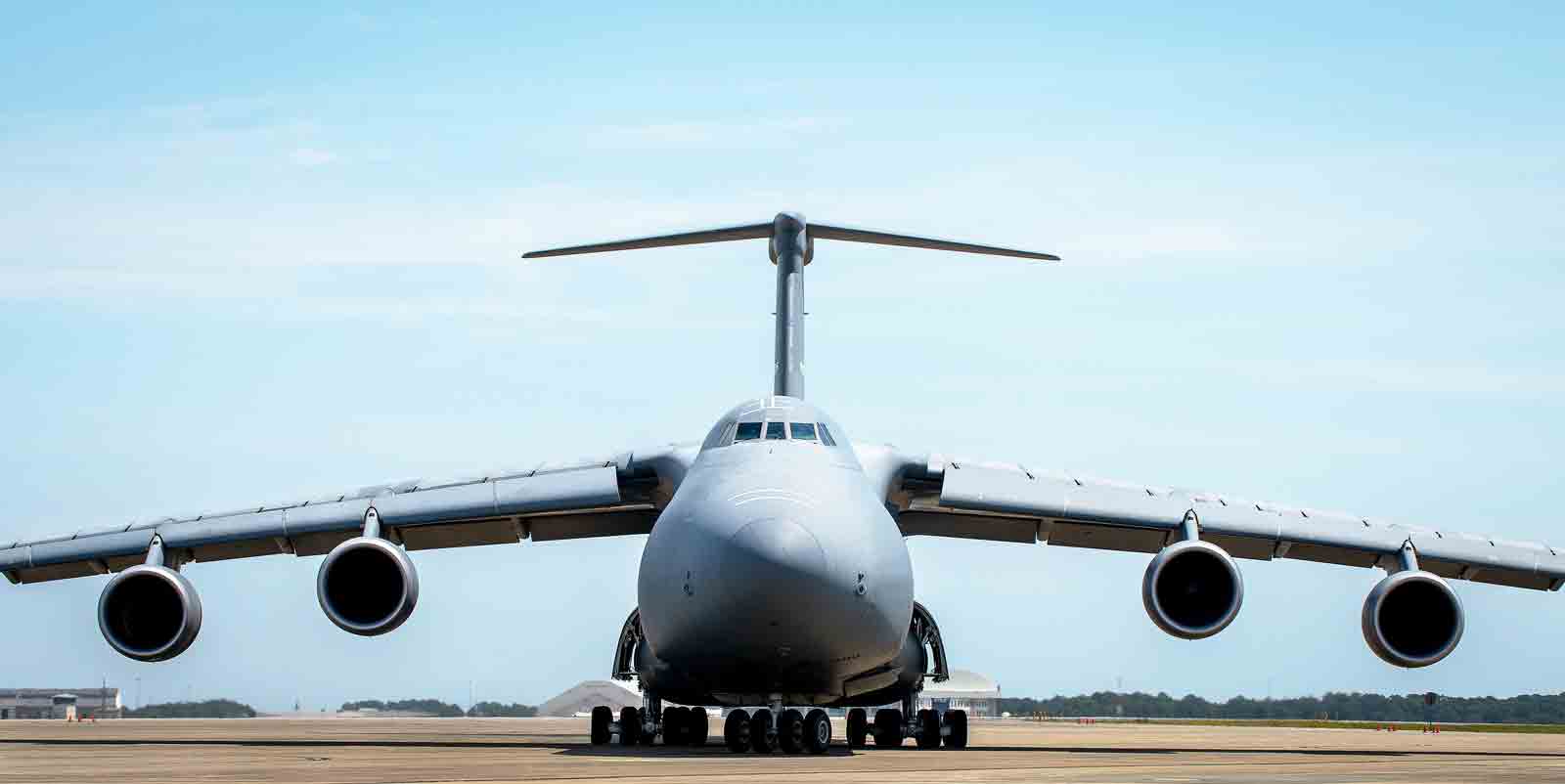 Head-on view of C-5M Super Galaxy as it moves across the taxiway at Eglin Air Force Base, Fla.