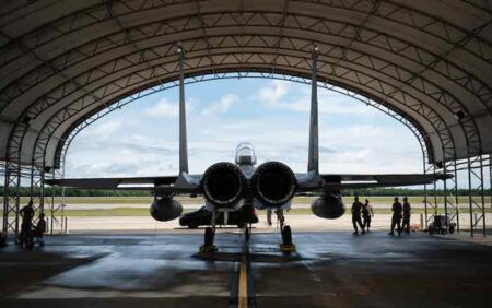 eglin air force base Red Air F-15C Eagle sits in a hangar