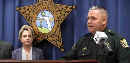 Okaloosa County Sheriff Eric Aden at press conference with State Attorney Ginger Madden