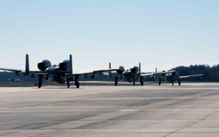 A-10C Thunderbolt IIs assigned to the 23d Fighter Group taxi onto the runway during a readiness exercise Feb. 3, 2021 at Moody Air Force Base, Georgia.