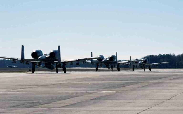 A-10C Thunderbolt IIs assigned to the 23d Fighter Group taxi onto the runway during a readiness exercise Feb. 3, 2021 at Moody Air Force Base, Georgia.