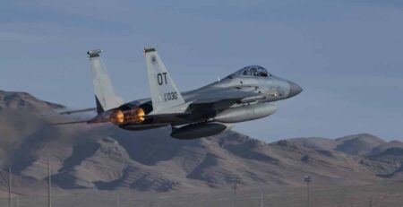 An F-15C assigned to the 422nd Test and Evaluation Squadron takes off from Nellis Air Force Base,