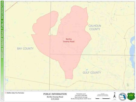 Bertha Swamp Fire in Bay County, Calhoun County and Gulf County, map, march 9, 2022