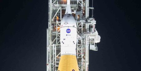 NASA’s Space Launch System (SLS) rocket with the Orion spacecraft aboard at Launch Complex 39B