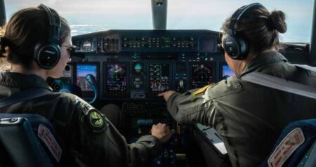 U.S. Air Force 1st Lt. Madeline Wawrzyniak, left, and U.S. Air Force Lt. Col. Heather Demis, right, aircraft commanders flying with the 524th Special Operations Squadron, pilot the C-146A Wolfhound