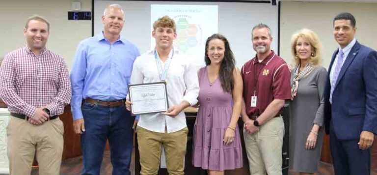 Kaleb Carter, Niceville High School was recognized as the 2022 Class 3A 199 pounds State Weightlifting Champion at the May 9, 2022, School Board meeting