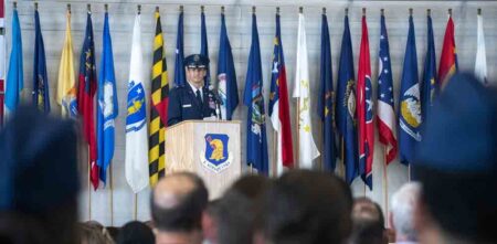 Brig. Gen. Jeff Geraghty speaks to the audience at Eglin Air Force Base