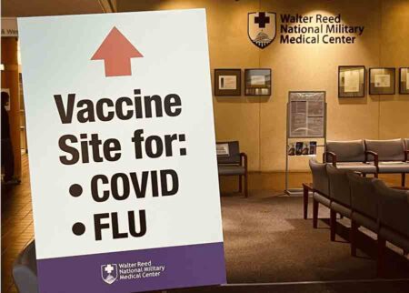 COVID-19 vaccination sign, Walter Reed National Military Medical Center, Bethesda, Maryland,