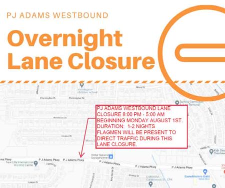 PJ Adams Parkway lane closure map