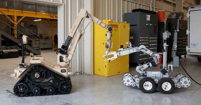 The T7, an Air Force explosive ordnance disposal robot pictured with the F6A, the robot it will replace, at Eglin Air Force Base, Fla.