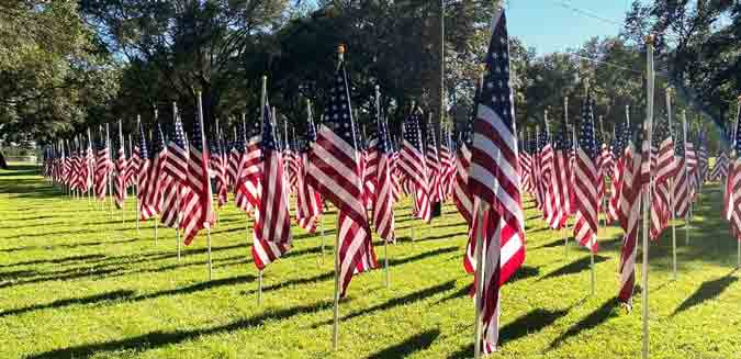 Several rows of U.S. flags at the Field of Valor in Niceville, Florida.
