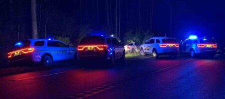 arrest scene near Holt with four patrol cars and pickup truck