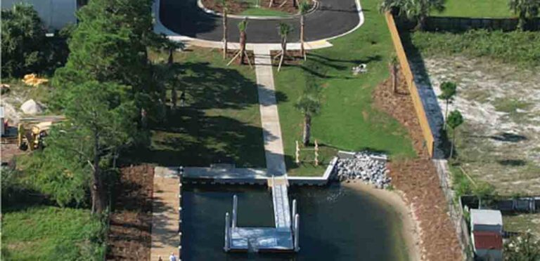 Aerial view of the dock and kayak launch on Okaloosa Island in Okaloosa County, Florida.
