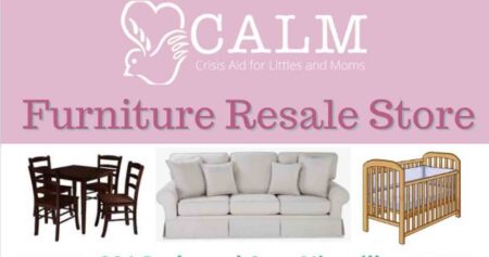 Crisis Aid for Littles and Moms (CALM) Furniture Retail Store graphic showing used furniture, logo