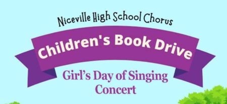 Niceville High School Chorus 2023 Girl's Day of Singing concert promotional graphic promoting concert, children's book drive