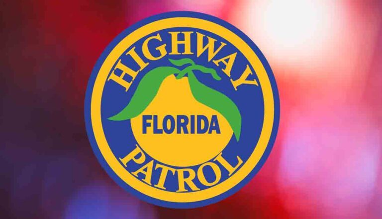 Florida Highway Patrol logo over red and blue lights