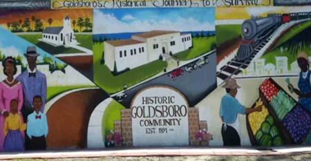 colorful outdoor wall mural featuring scenes of Historic Goldsboro