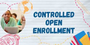 Controlled open enrollment artwork showing smiling student in class with open laptop
