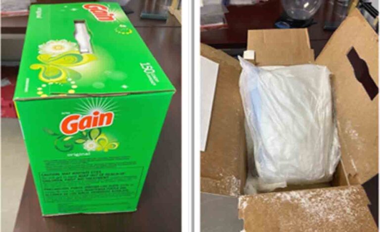 Methamphetamine shown packaged in a bright green "Gain" laundry detergent box,