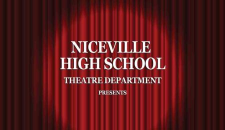 Red stage curtains with spotlight shining on center with text: Niceville High School Theatre Department presents