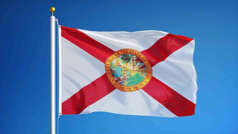 State of Florida flag waving in the wind with blue sky.