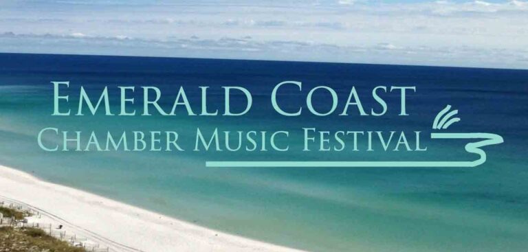 Emerald Coast Chamber Music Festival logo over aerial photo of beach