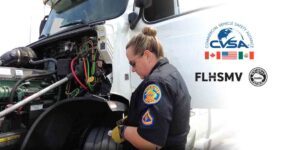 Florida Highway Patrol Commercial Vehicle Enforcement Trooper performs inspection.