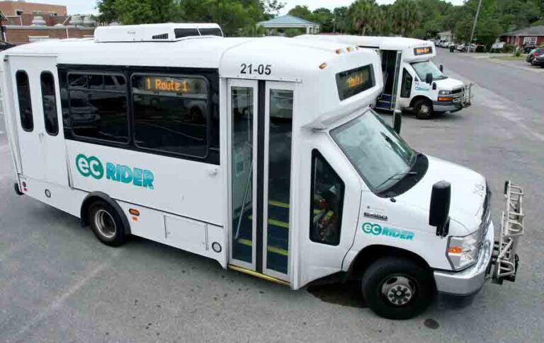 A parked Emerald Coast (EC) Rider Transit System bus.