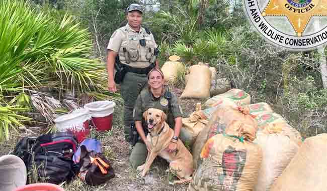 two officers with a K9 posing near bags and containers of palmetto berries in the woods