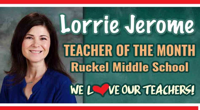 Teacher of the Month banner illustration featuring Lorrie Jerome