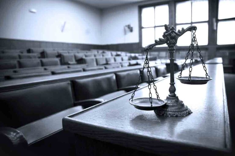 Scales of Justice in empty courtroom,