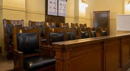 Leather and Wood Chairs of the Jury Box in a Courtroom