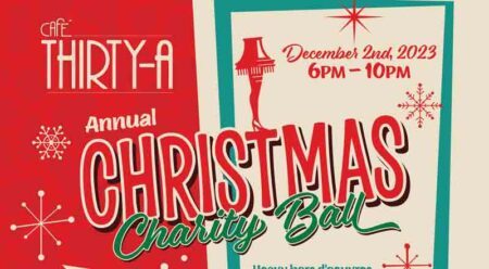 Graphic promoting Annual CHRISTMAS Charity Ball at CAFE THIRTY-A on December 2nd, 2023 from 6PM-10PM. Benefits CARING & SHARING OF SOUTH WALTON. Tickets: $150 (175 at the door).