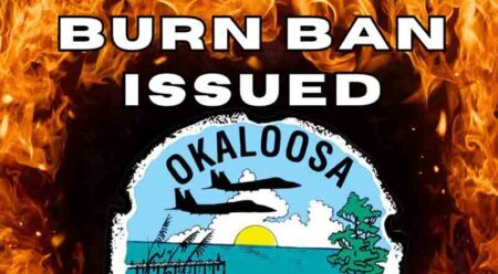 banner declaring Burn Ban Issued with flames in the background and county seal displayed