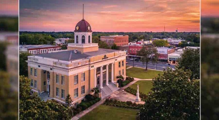 Quincy Main Street and courthouse bathed in golden sunset light