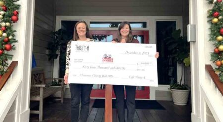 Carly Barnes, executive director of Caring and Sharing of South Walton, and Jackie Maliszewski, co-owner, Café Thirty-A, Café 30-A, holding a poster-sized check