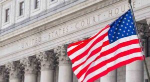 United States courthouse with flag flying