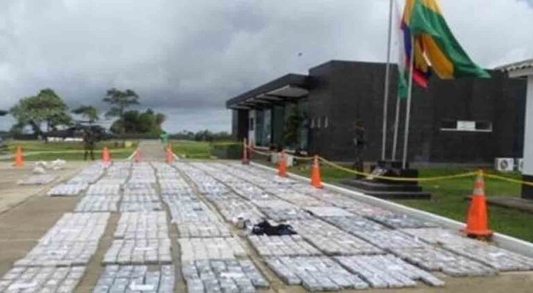 dozens of packages of cocaine laid outside of a government building in Capurgana, Colombia