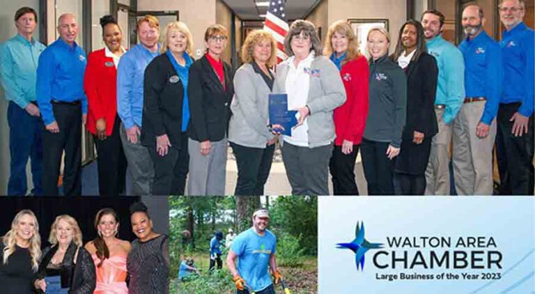A collage of three photos of Eglin Federal Credit Union employees and Walton County Chamber of Commerce illustration