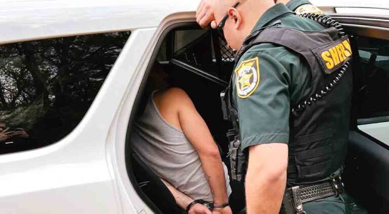 deputy standing near man handcuffed in patrol vehicle