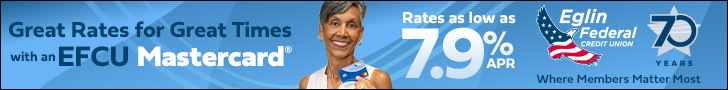 Eglin Federal Credit Union banner ad, 7.9% apr mastercard