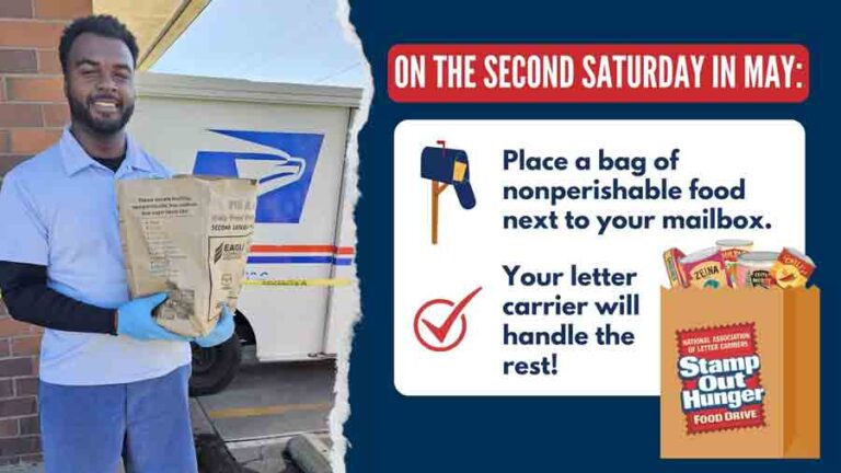 Mail carrier with a paper grocery bag containing donated non-perishable foods and illustration with details.