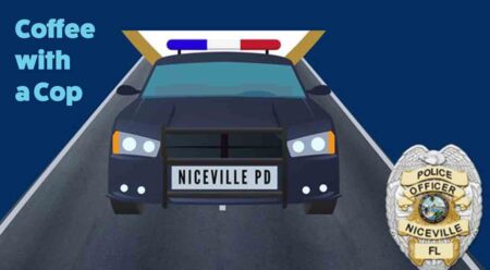 illustration featuring a Niceville Police Department car, badge, and Coffee with a Cop title