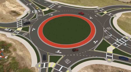 Illustration of I-10 interchange roundabout east of the Antioch Road overpass in Crestview currently under construction in Okaloosa County, Florida.