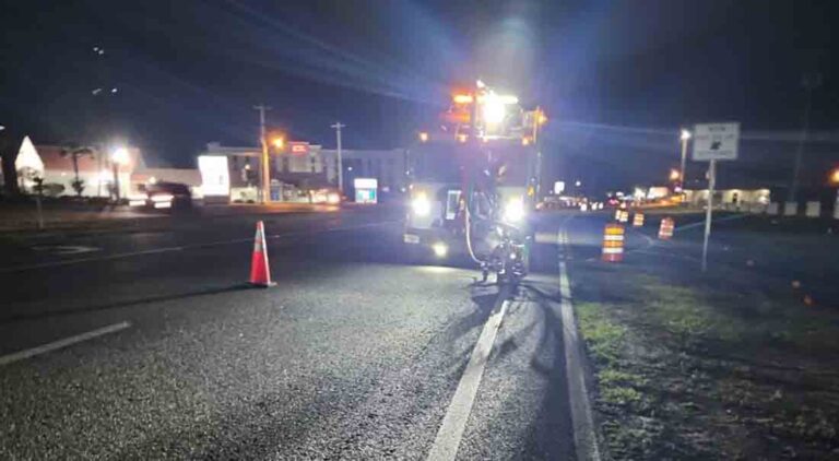 Nighttime crews applying temporary pavement striping between Clara Avenue and Nautilus Street on U.S. 98 in Bay County, Florida.