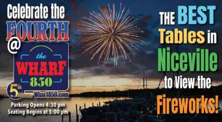 illustration promoting a Fourth of July dinner with a view of fireworks at the Wharf 850 in Niceville, Fla.